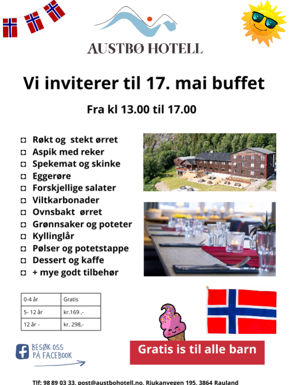 Austbø Hotell inviterer til 17. mai buffé med meny, priser og gratis is til barn.