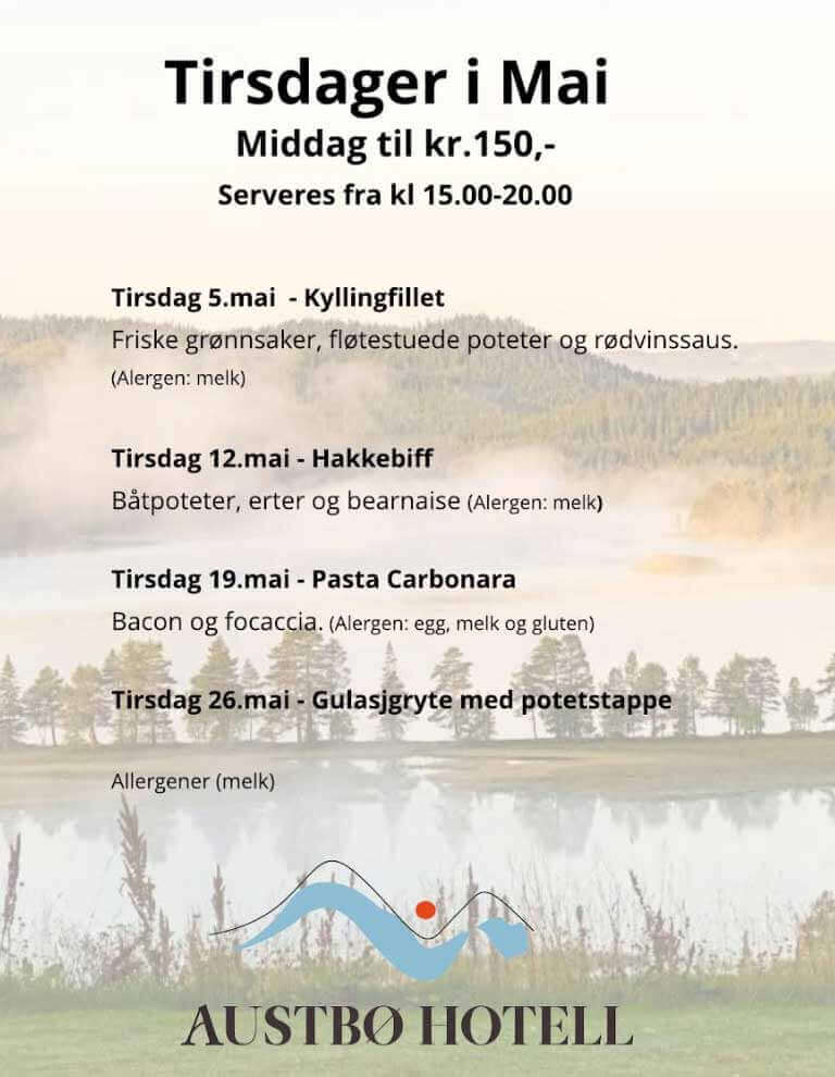Ukentlige middager på Austbø Hotell i mai med varierte retter og allergeninformasjon.