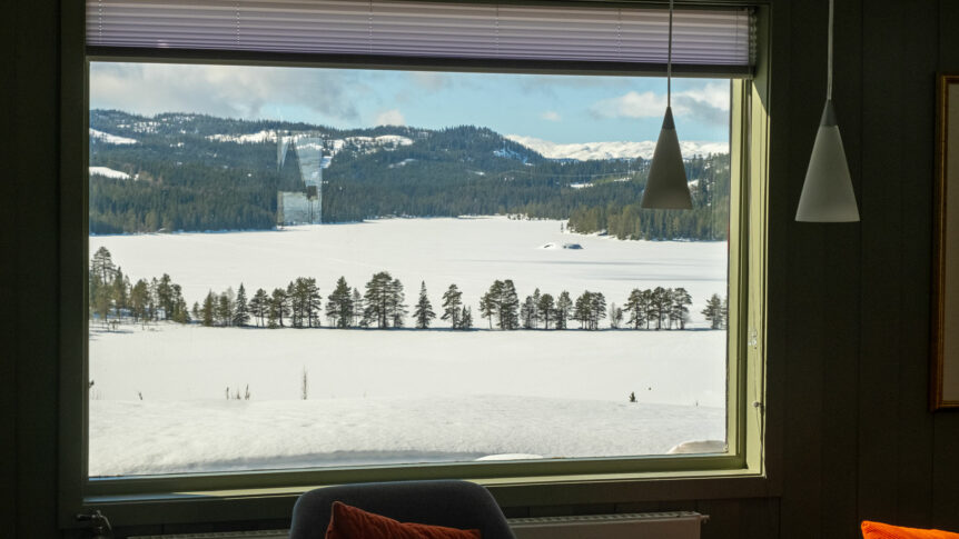 Utsikt fra vindu mot snødekt landskap og skog på vinterdag med sollys.