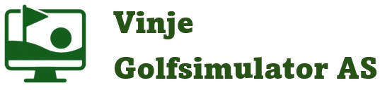 Logo for Vinje Golfsimulator AS, med ikon av dataskjerm og golfmotiv. Grønn tekst og symbol på hvit bakgrunn.
