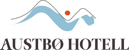 Austbø Hotell logo med fjellgrafikk og sol i bakgrunnen, elegant design i blått, oransje og svart tekst.