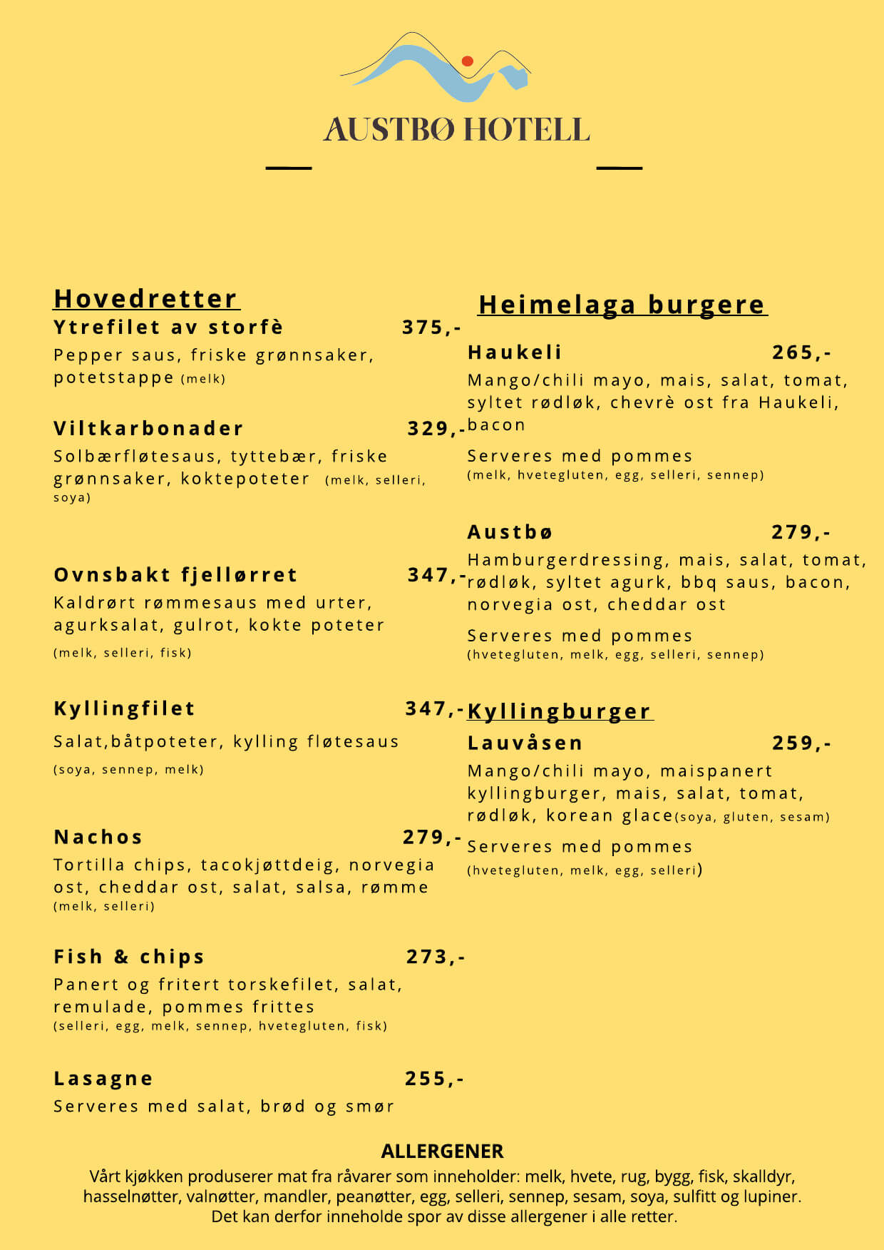 Meny ved Austbø Hotell med hovedretter og hjemmelagde burgere, inkludert allergener og priser.