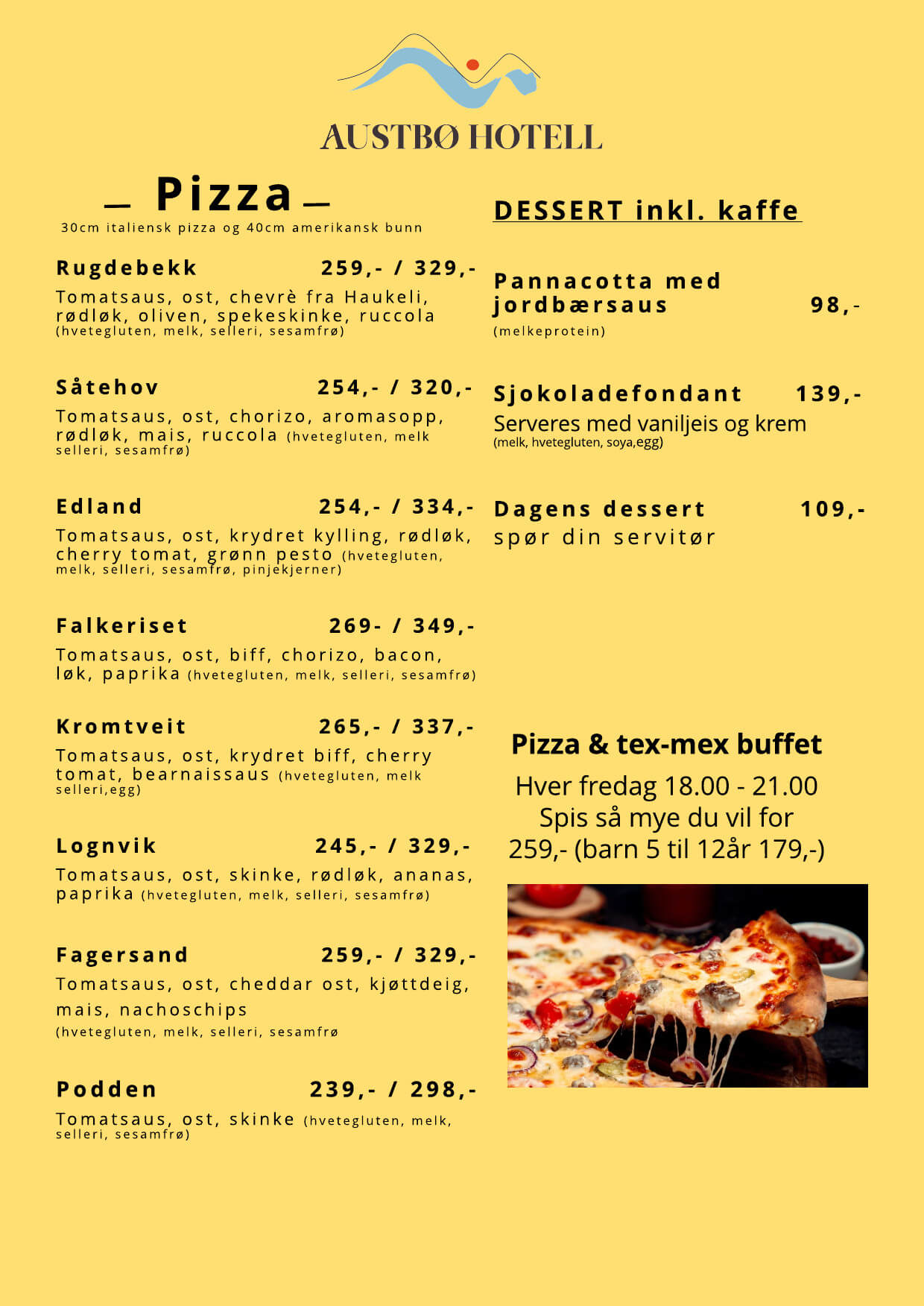 Meny for pizza og desserter på Austbø Hotell, med priser og allergener oppført på en gul bakgrunn.