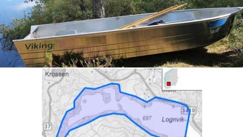 Bilde av en Viking-båt med åre ved vannet og et kart over Lognvik-området.