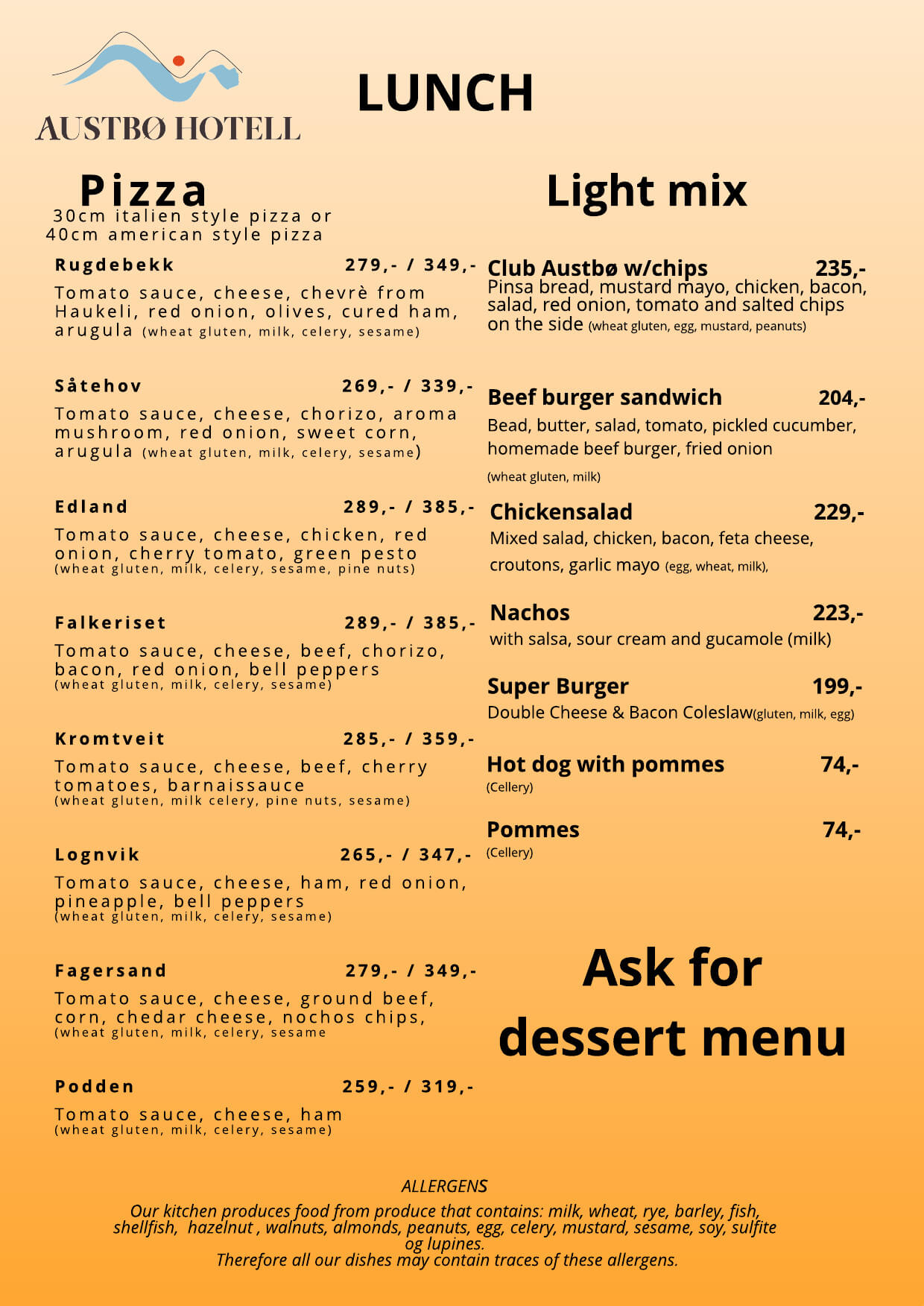 Alt-tekst: Meny for lunsj på Austbø Hotell med pizza, burger og salater samt allergiinformasjon.