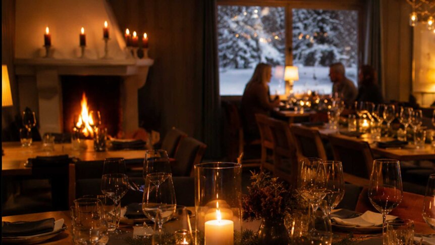 Romantisk middag ved peisen med tente lys og snødekte omgivelser i bakgrunnen for en koselig atmosfære.