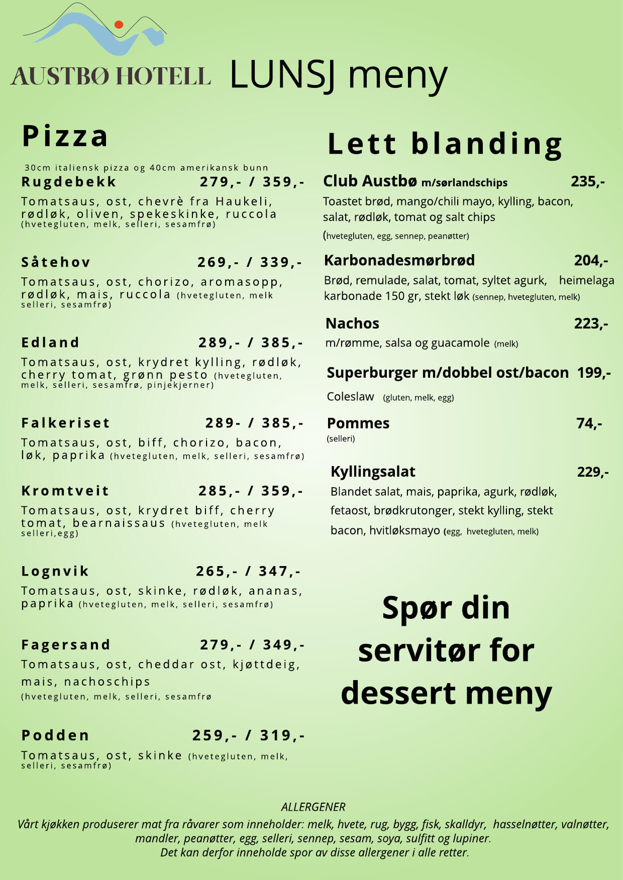 Alt-tekst: Lunsjmeny fra Austbø Hotell med utvalg av pizza, salater og rettigheter, inkludert allergener.