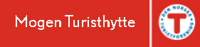 Logo for Mogen Turisthytte, Den Norske Turistforening. Rød bakgrunn med hvit tekst og turkis DNT-emblem.