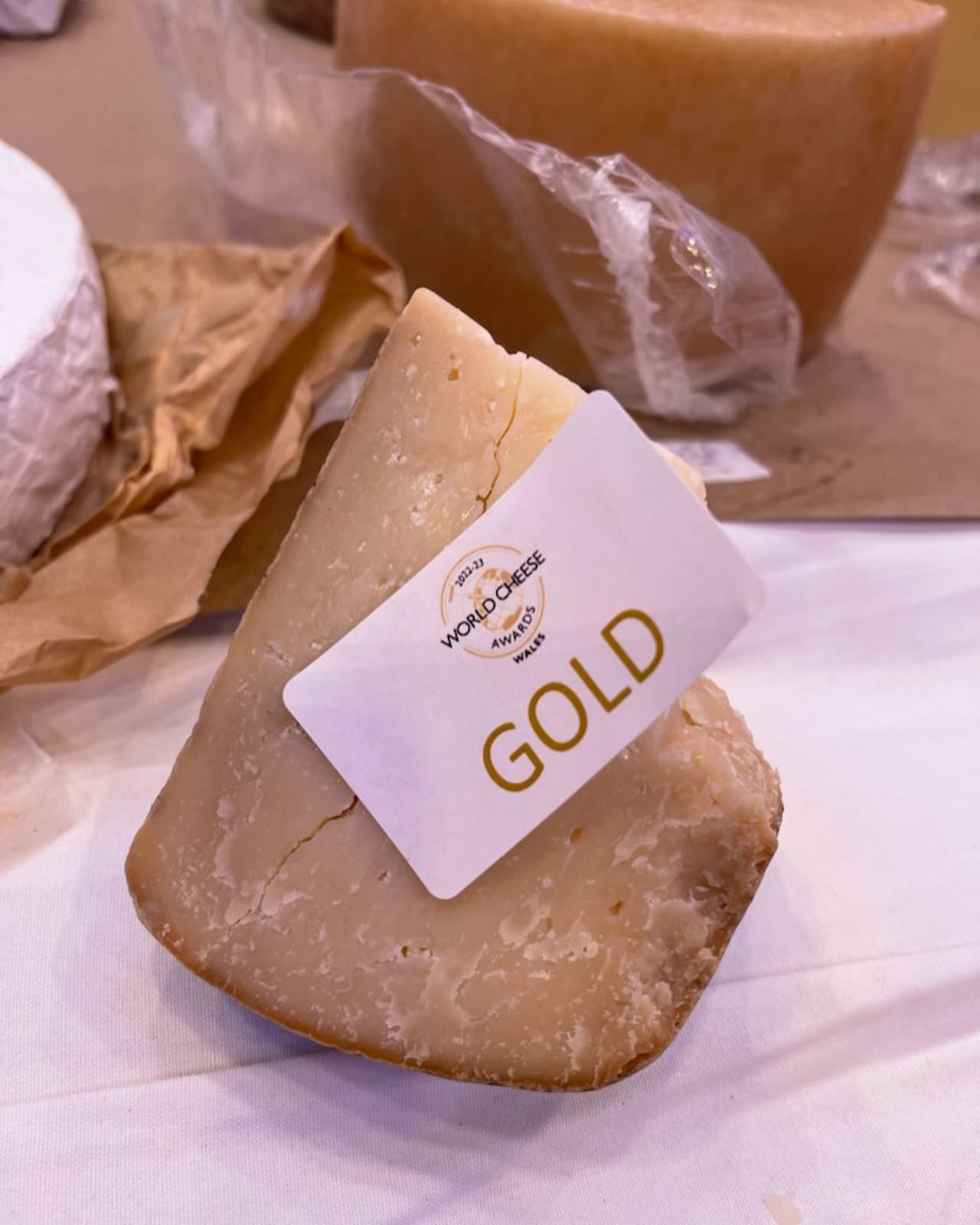Gullvinnende ost på World Cheese Awards-utstilling, med synlig struktur og etikett på bord.