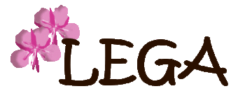 Logo med tekst LEGA i brun farge, dekorert med rosa blomster.