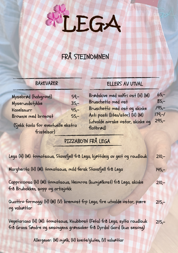 Meny fra Lega: Bakevarer, pizzabunner, og diverse retter inkludert bruschetta med ost og skinke, samt allergener.