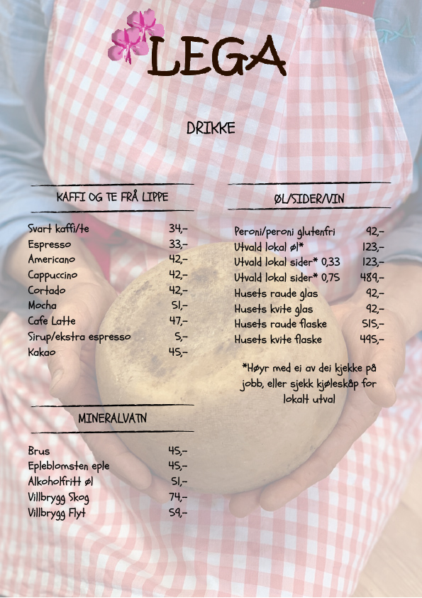 Meny fra Lega med drikkevarer som kaffe, te, øl, sider, vin og mineralvann, mot rutete forkle-bakgrunn.