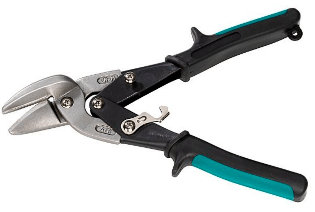 Blikksaks med ergonomiske håndtak for presise kutt i metall og andre materialer, egnet for håndverk og industri.