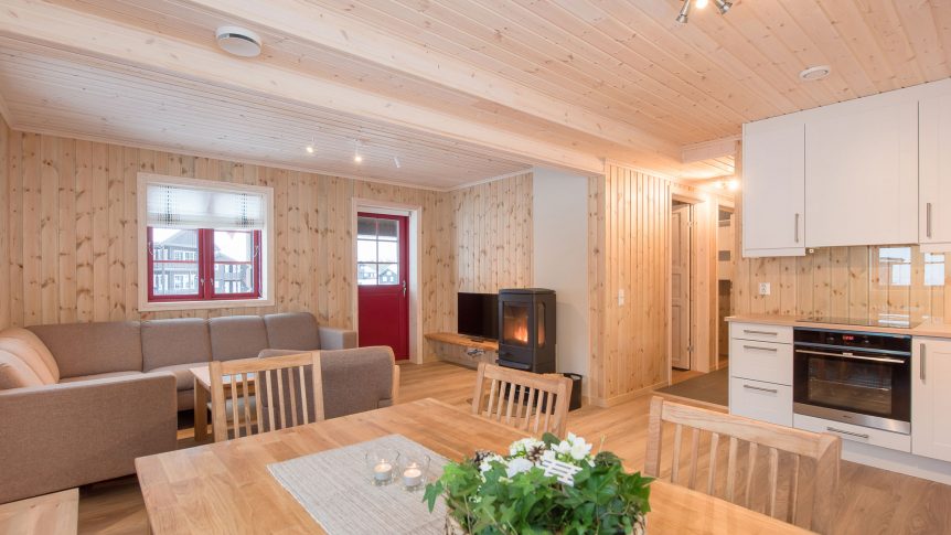 Lys stue og kjøkken med trepanel, peis og store vinduer, koselig innendørs atmosfære.