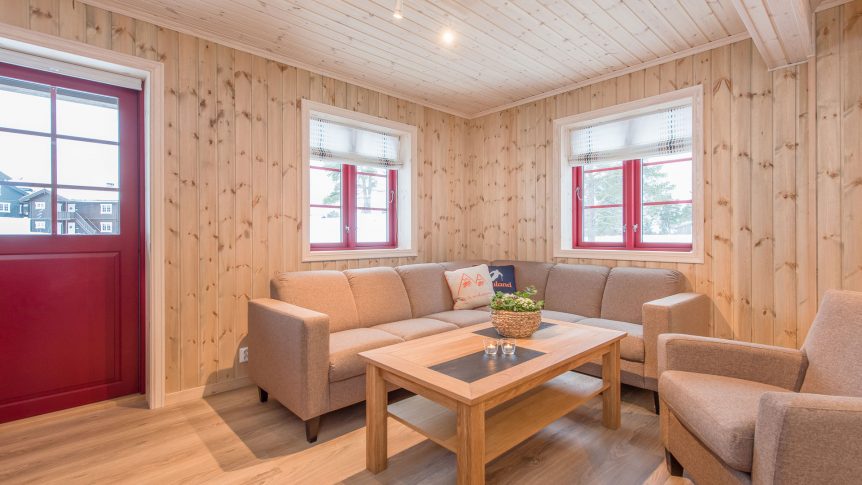 Lys og koselig stue med brun sofa og rød dør, trepanelvegger og stort vindu.