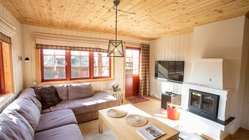 Moderne, koselig stue med peis, TV, stor sofa og lys fra store vinduer. Lun innredning for avslapning.