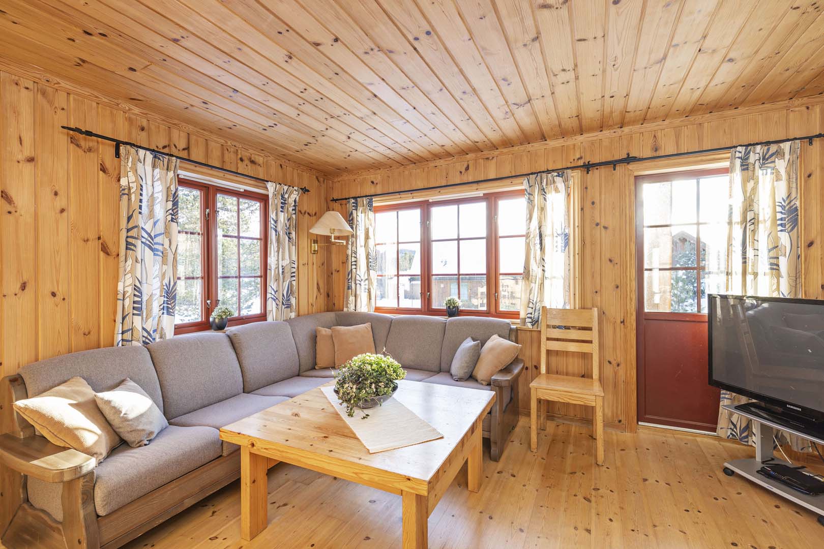 Koselig stue med trepanel, stor grå sofa, TV og bord med blomster, gjennomlyst av naturlig lys.