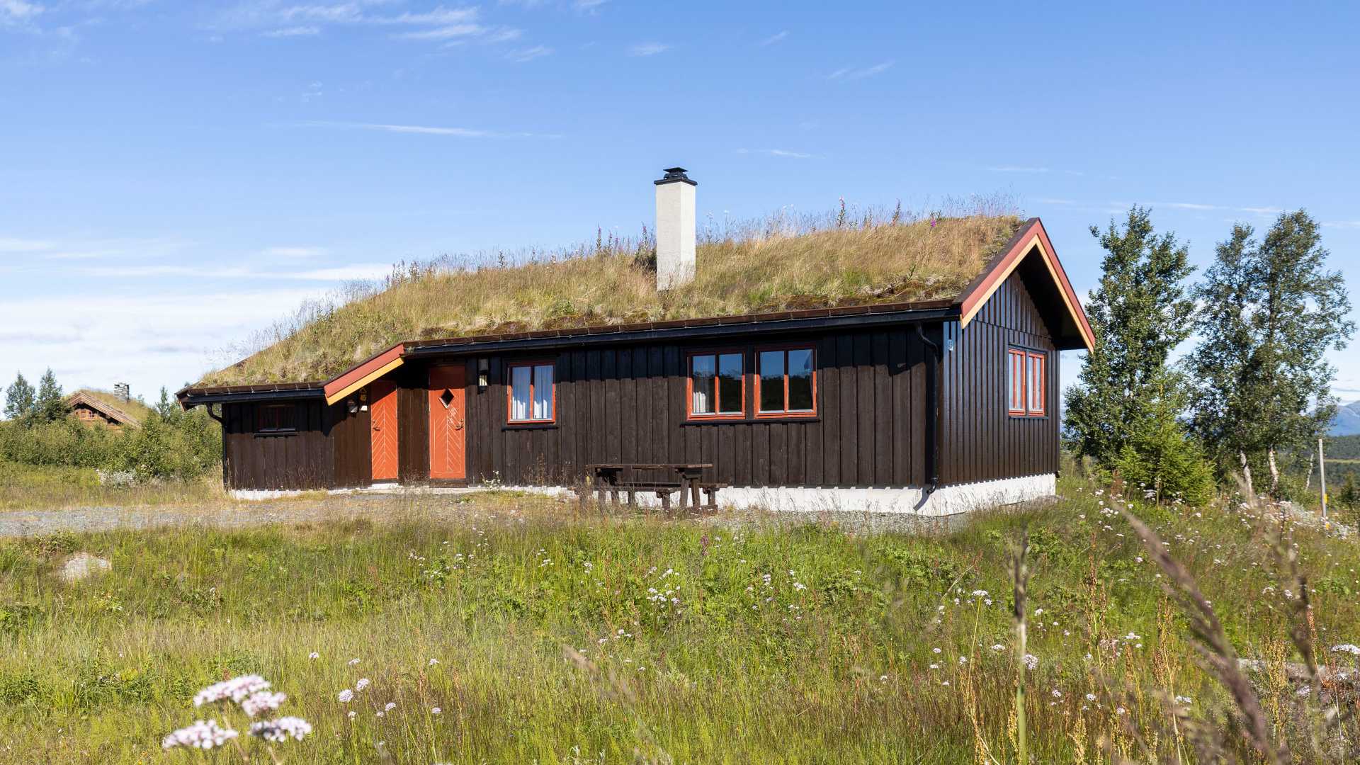 Tre hytte med torvtak i norsk landskap, omgitt av åpen eng og blå himmel.