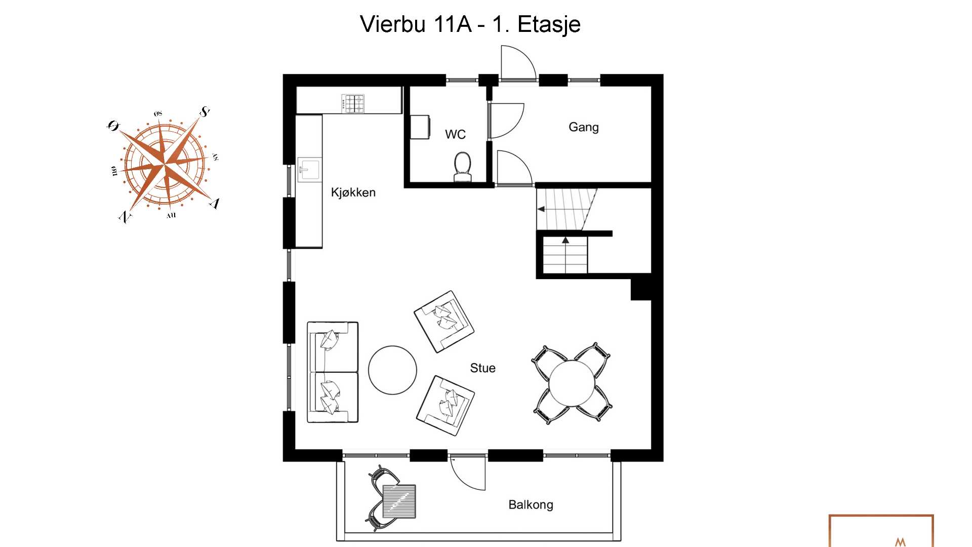 Plantegning av første etasje i Vierbu 11A med kjøkken, stue, gang, WC og balkong.