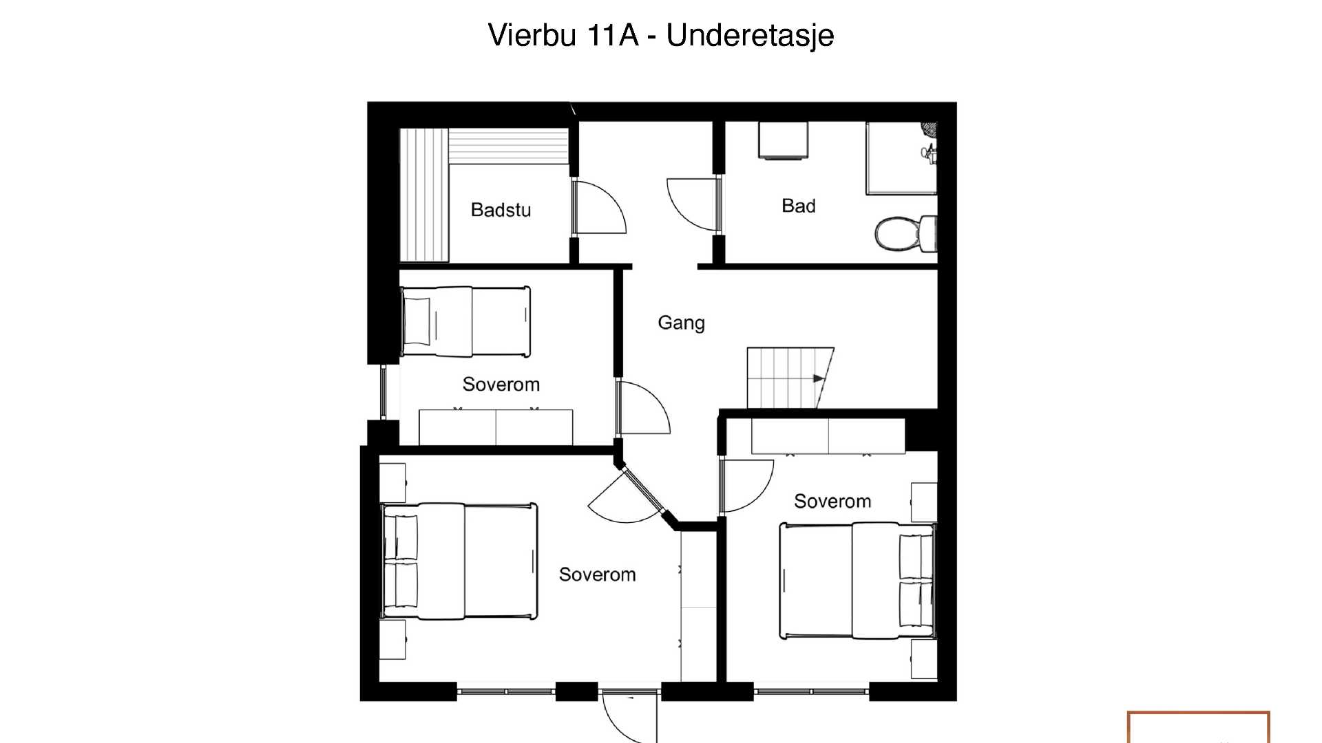 Plantegning av underetasjen i Vierbu 11A med badstue, bad, gang og soverom. Effektiv utnyttelse av rom.