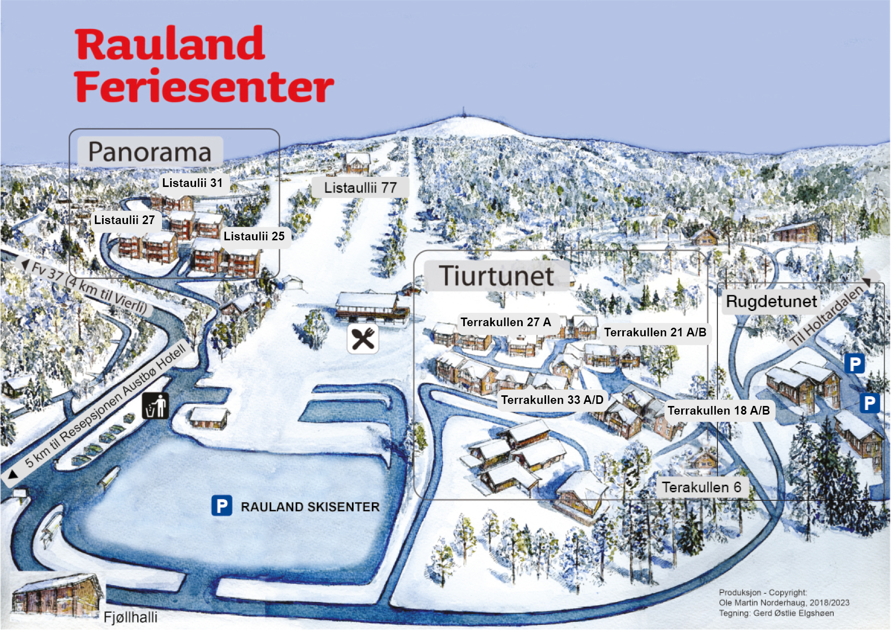 Kart over Rauland Feriesenter med merkede hytter og skianlegg. Vinterlandskap med snødekte fjell og områder.