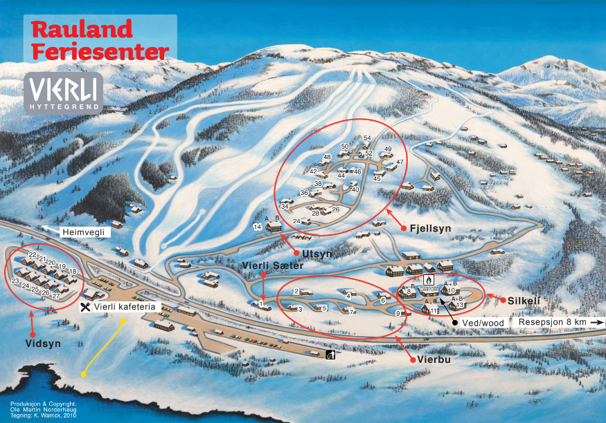 Kart over Rauland Feriesenter med hyttetomter, skiområder og fasiliteter som Vierli kafeteria og resepsjon.