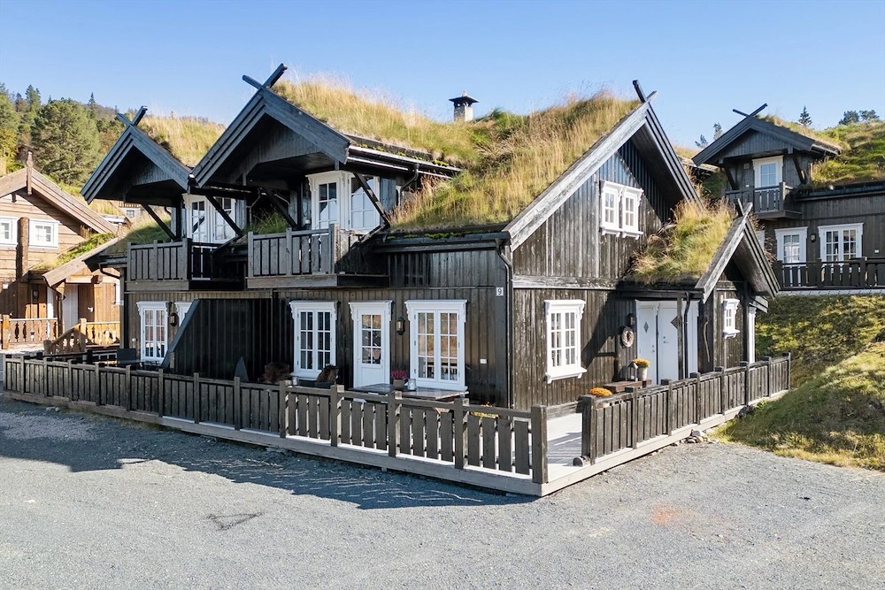 Moderne norsk hytte med torvtak i naturskjønt område, omgitt av skog og fjell. Perfekt for naturopplevelser.