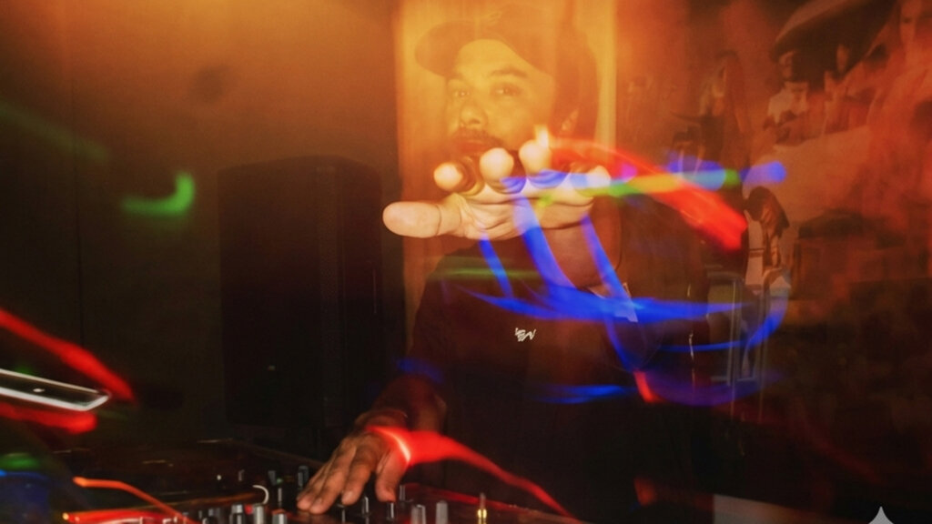 DJ spiller musikk i mørk klubb, fargerike lysstriper i bevegelse.