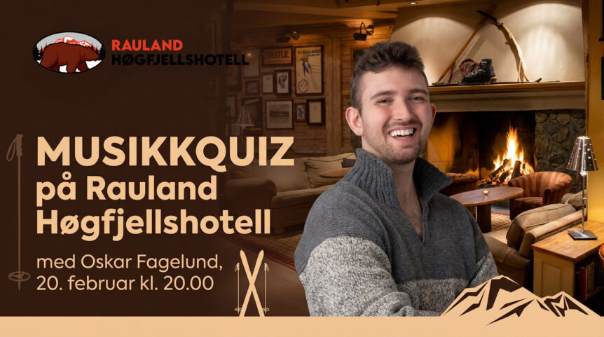 Musikkquiz på Rauland Høgfjellshotell, 20. februar kl. 20.00. Koselig peis og smilende person.
