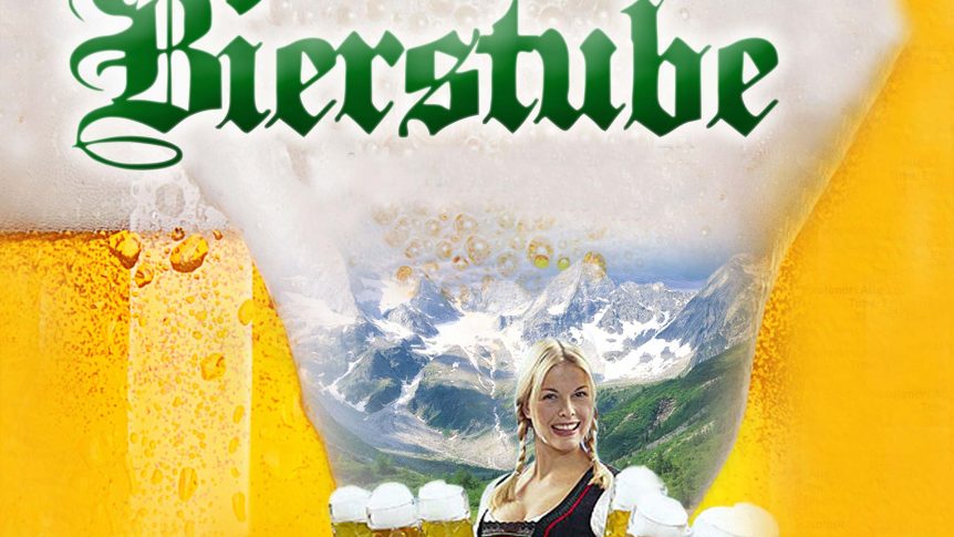 Kvinne med flettet hår og ølkrus smiler foran fjellandskap og ølskum. Teksten Bierstube vises.