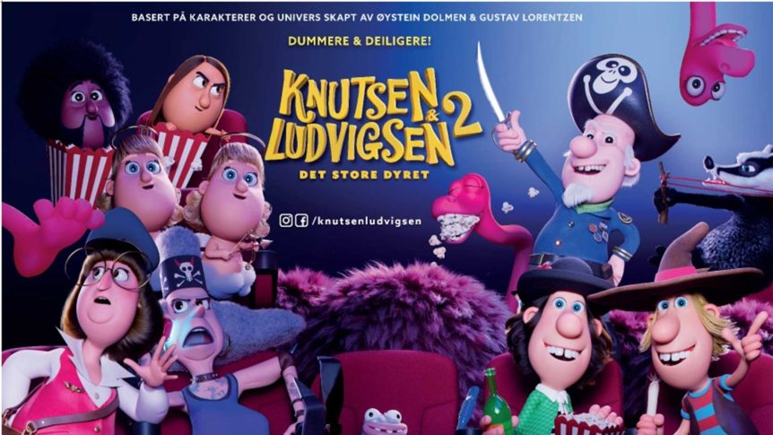 Animasjonsposteren til Knutsen & Ludvigsen 2: Det store dyret med fargerike karakterer og eventyrlig bakgrunn.