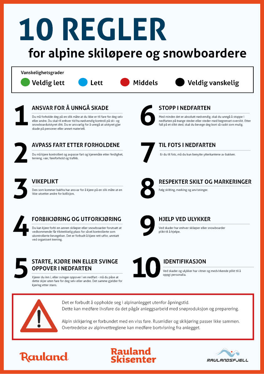 10 regler for alpine skiløpere og snowboardere: sikkerhetstips og advarsler ved Rauland Skisenter.