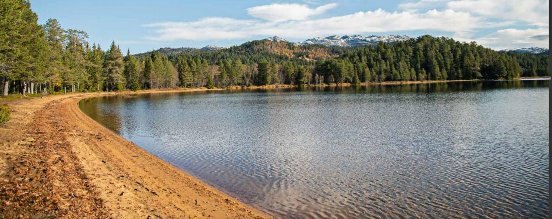 Rolig innsjø omgitt av skog og fjell under blå himmel i Norge. Perfekt for naturvandring og friluftsaktiviteter.