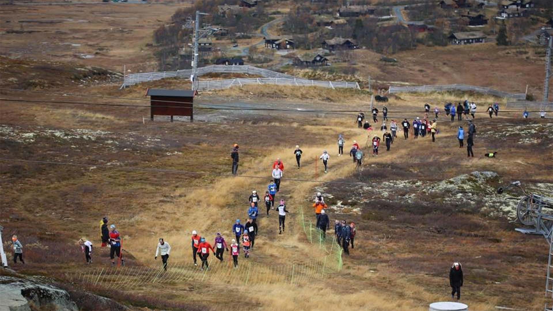 Løpere deltar i terrengløp opp en gresskledd bakke i et naturlandskap, omgitt av fjellstuer.