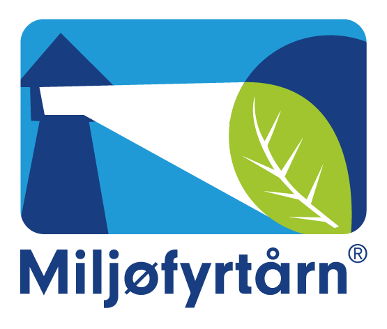 Miljøfyrtårn logo med et fyrtårn og et grønt blad på blå bakgrunn, symbol for bærekraftig utvikling i Norge.
