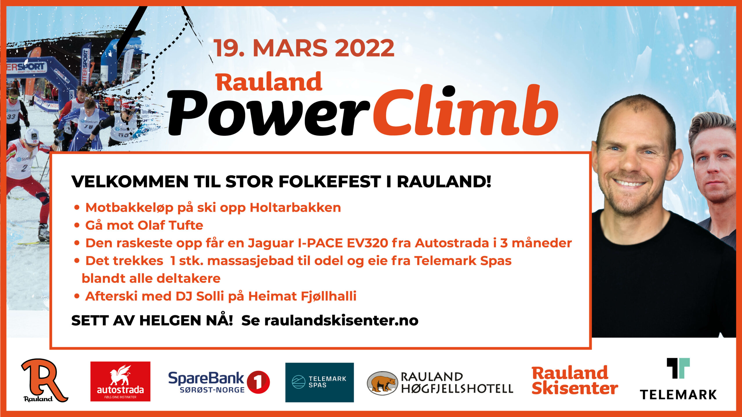 Plakat for Rauland PowerClimb 2022 med ski, løp og premier inkludert Jaguar leie og massasjebad.