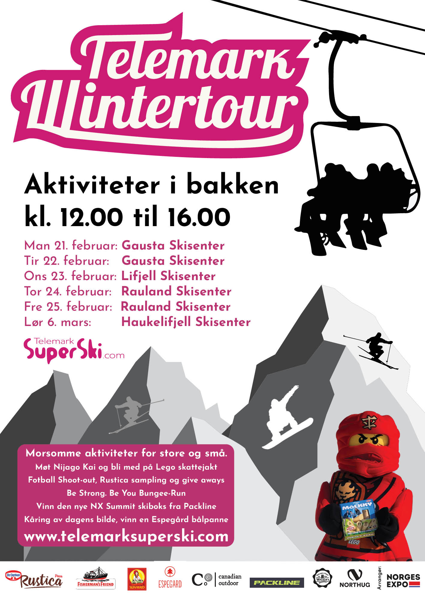 Plakat for Telemark Wintertour 21. februar til 6. mars på ulike skisentere, inkluderer aktiviteter for store og små.