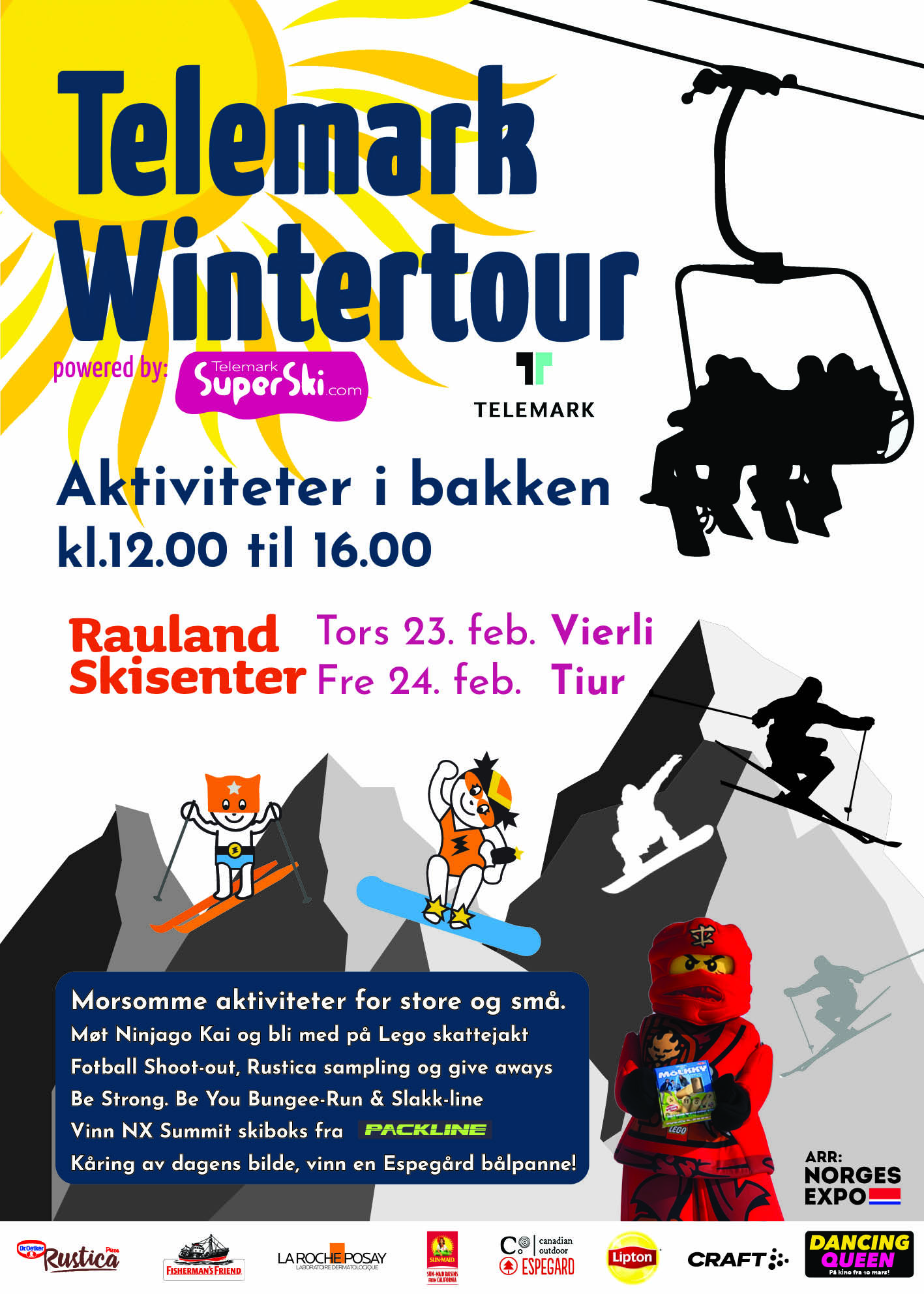 Telemark Wintertour plakat med aktiviteter for barn og voksne i Rauland, Vierli og Tiur, 23.-24. februar.