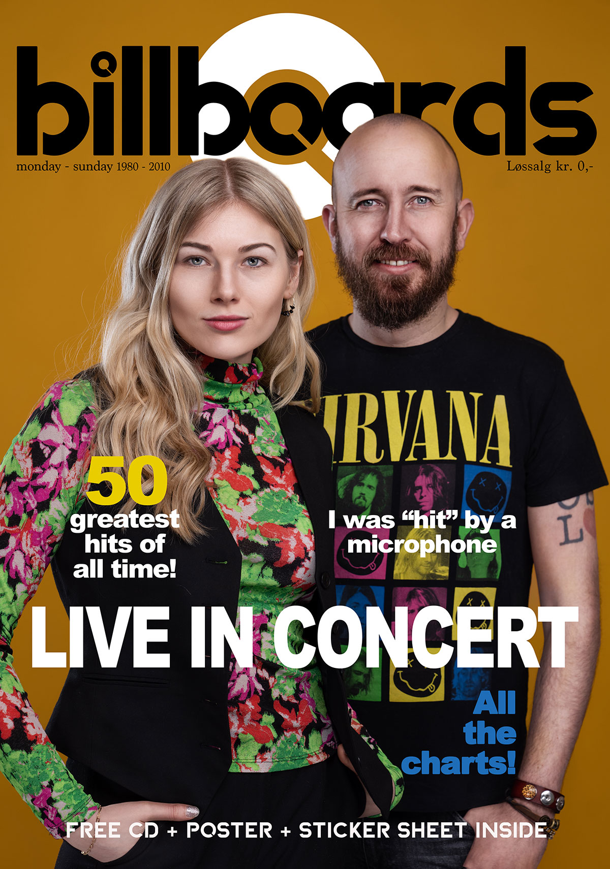 Magasinomslag med tekst LIVE IN CONCERT og to personer foran en sennepsgul bakgrunn.