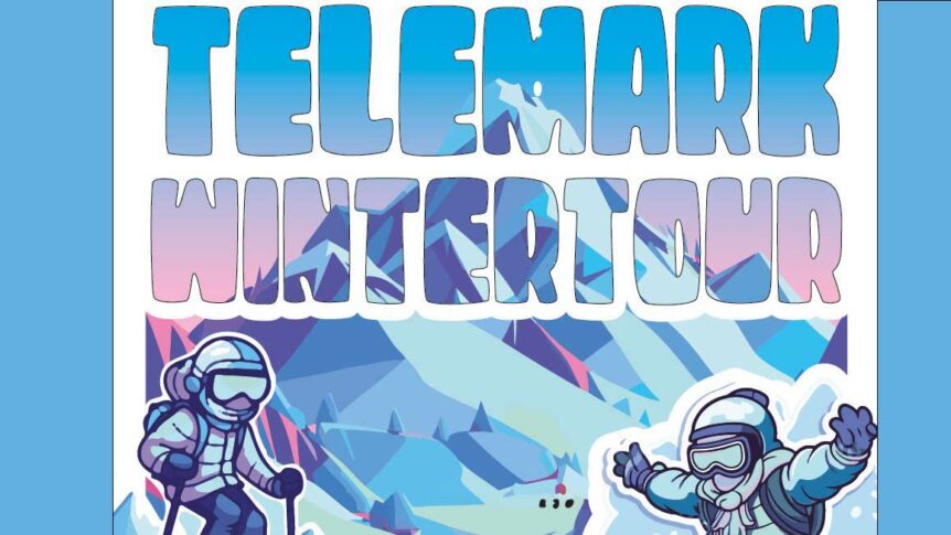 Plakat for Telemark Wintertour med to skiløpere i fjellandskap. Pyseudonymon, blå og rosa farger.