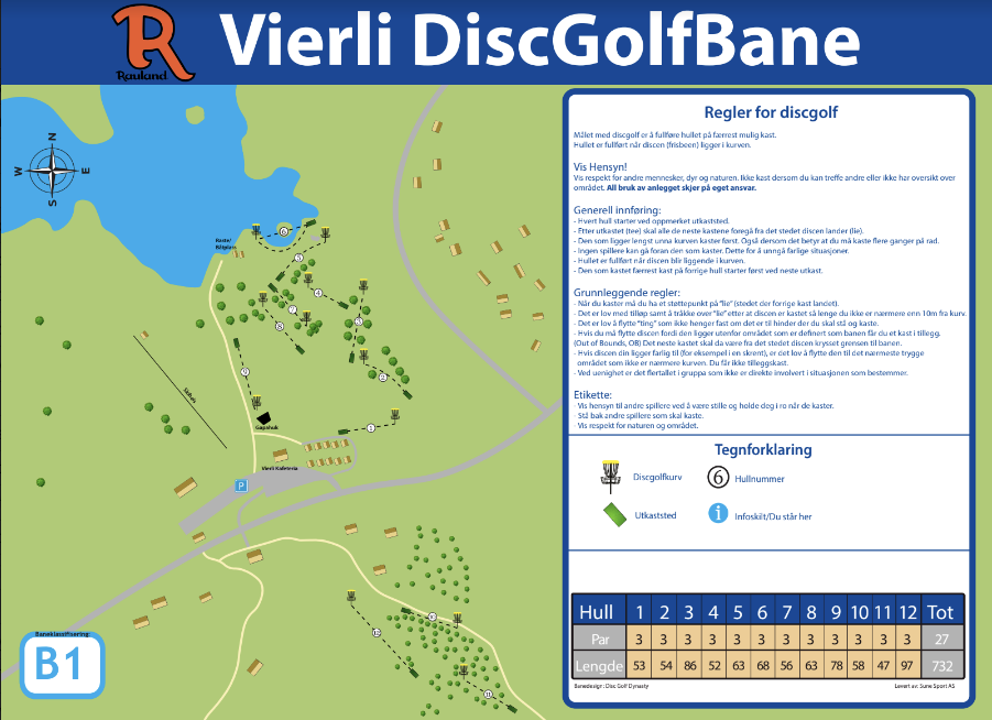 Kart over Vierli DiscGolfBane i Norge med regler og banebeskrivelse. Viser layout og viktige punkter for spillere.