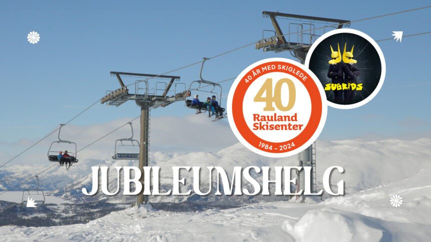 40-årsjubileum for Rauland Skisenter, skiheis i vinterlandskap, Subkids deltar, 1984-2024 markering.