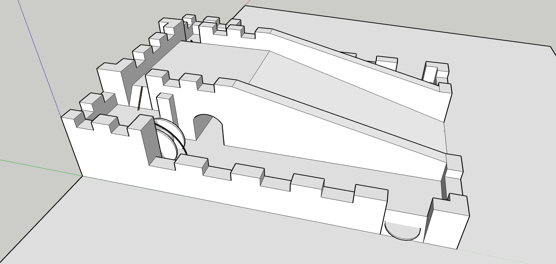 3D-modell av et middelalderslott med murer, tårn og buet portåpning.