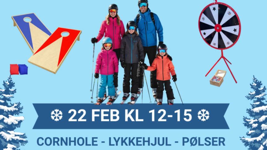 Skifamilieevent 22. februar kl. 12-15 med cornhole, lykkehjul og pølser. Vinterglede for hele familien.