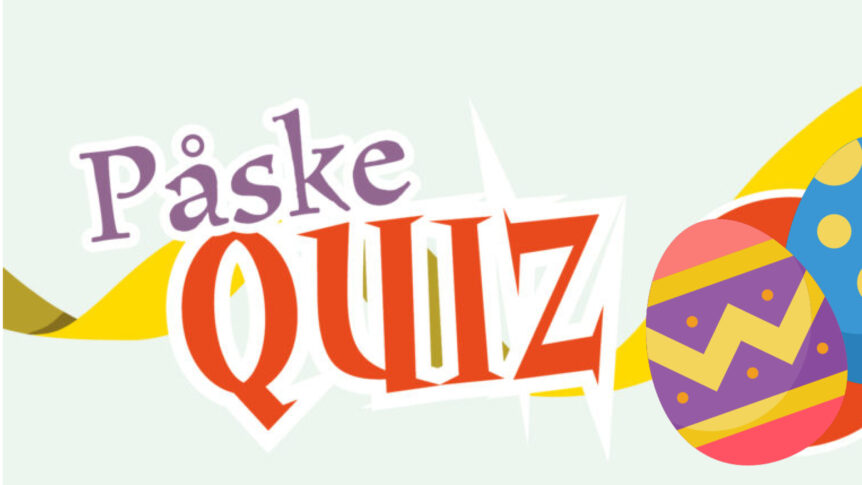 Påskequiz-banner med fargerike egg og lys bakgrunn, perfekt for påskearrangementer og aktiviteter.