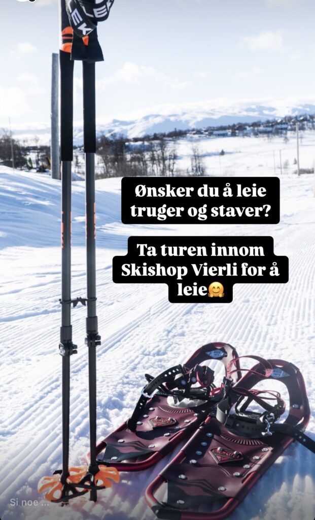 Truger og staver i snøen med fjell i bakgrunnen, besøk Skishop Vierli for å leie utstyr.