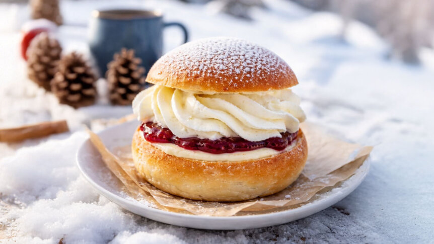 Luftig fastelavnsbolle med krem og syltetøy på tallerken i vinterlandskap, perfekt til feiringen.