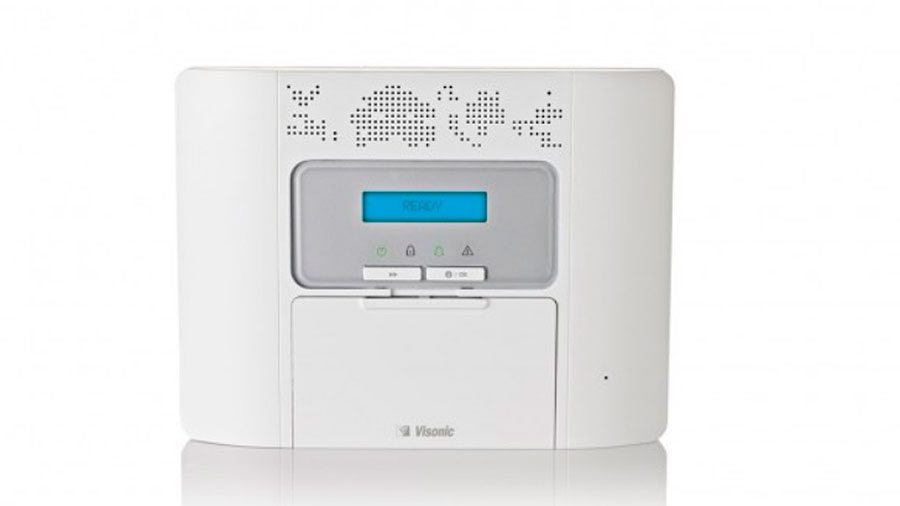 Hvitt Visonic alarmsystem med LCD-skjerm, indikatorlamper og kontrollknapper i moderne design.