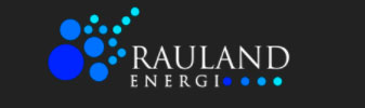 Logo for Rauland Energi med blå sirkler på svart bakgrunn.