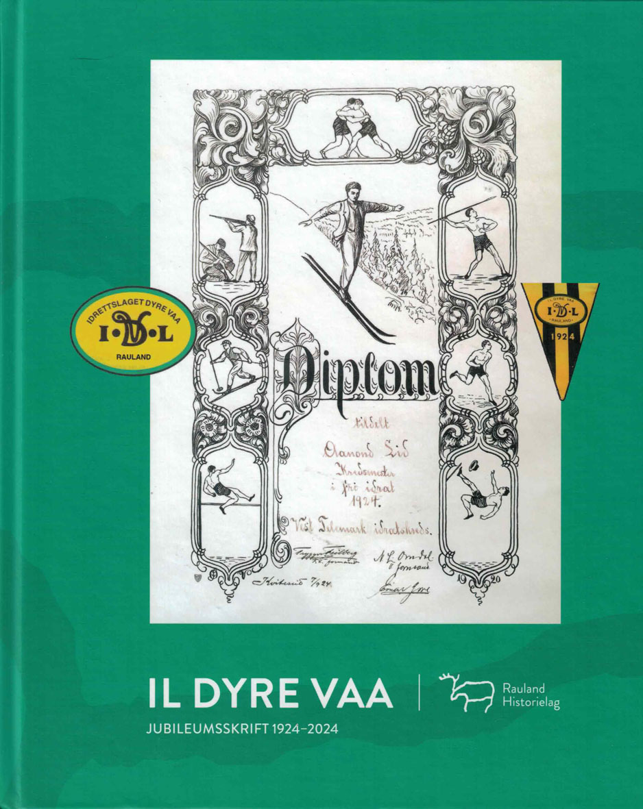 Jubileumsomslag for IL Dyre Vaa med illustrert diplom og retro skisportmotiver, 1924-2024.